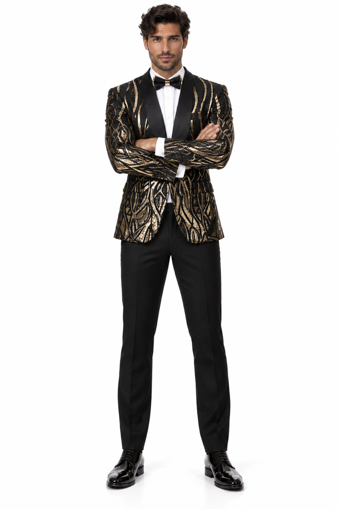 Mens Black & Gold Paisley Sequin Blazer Tuxedo