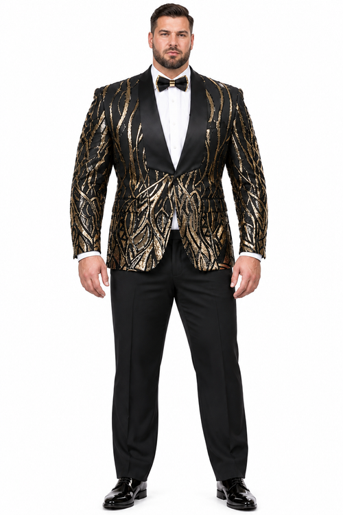 Black Prom Suit - Mens Square Shawl Lapel Black & Gold Sequin Prom Tuxedo Jacket
