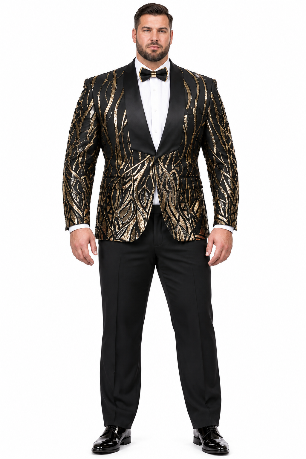 Black Prom Suit - Mens Square Shawl Lapel Black & Gold Sequin Prom Tuxedo Jacket