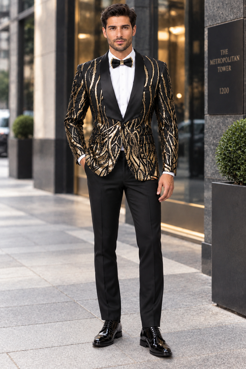 Black Prom Suit - Mens Square Shawl Lapel Black & Gold Sequin Prom Tuxedo Jacket