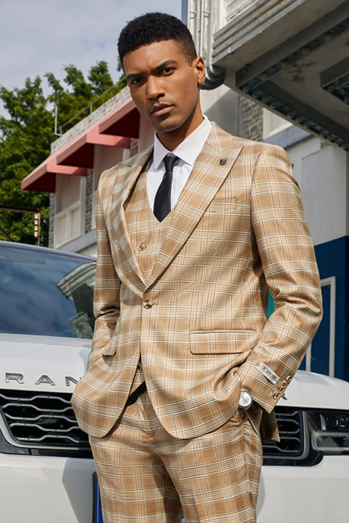 Marc Darcy Wedding Suits Men's Stacy Adam's One Button Peak Lapel Vested Suit in Light Tan Glen Plaid USA Men's Outlet