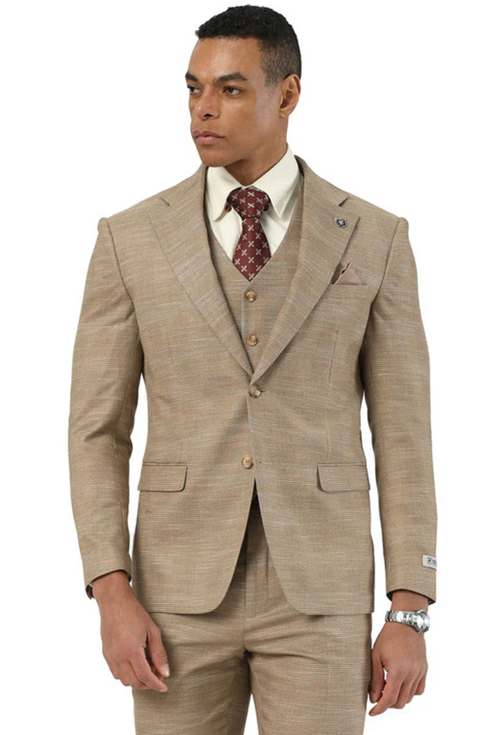 Marc Darcy Wedding Suits Men's Stacy Adams Vested Sharkskin Pattern Business Suit in Tan USA Men's Outlet