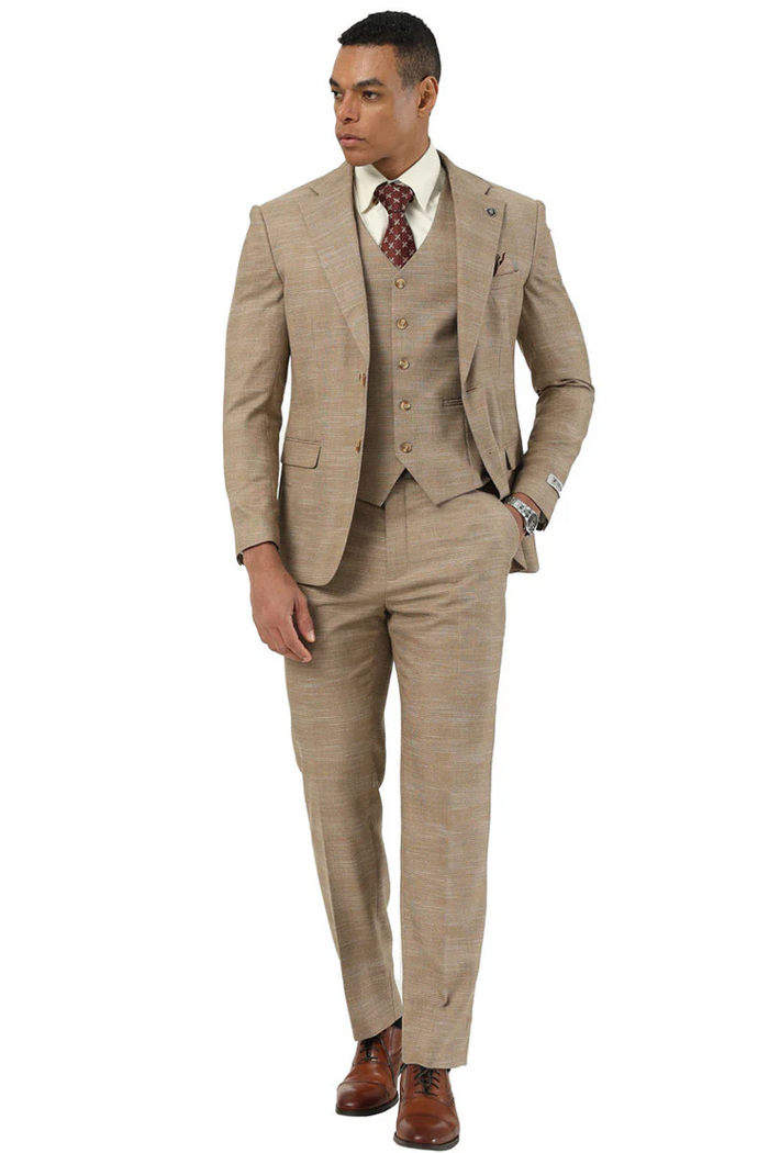 Marc Darcy Wedding Suits Men's Stacy Adams Vested Sharkskin Pattern Business Suit in Tan USA Men's Outlet