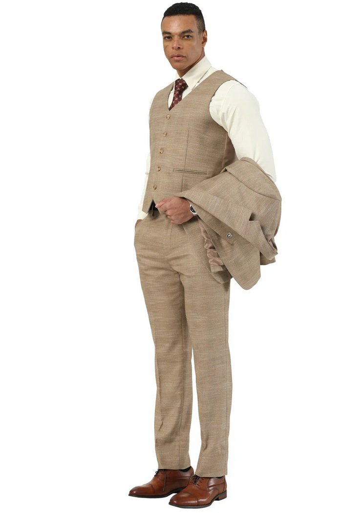 Marc Darcy Wedding Suits Men's Stacy Adams Vested Sharkskin Pattern Business Suit in Tan USA Men's Outlet