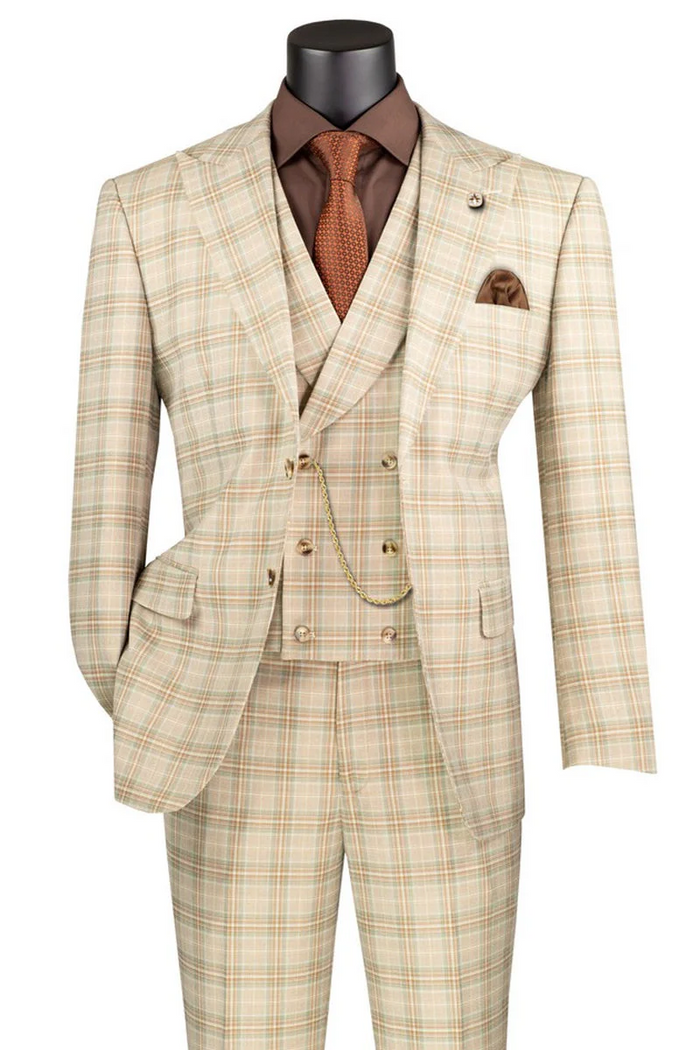 Marc Darcy Wedding Suits Men's Summer Windowpane Plaid Suit with Double Breasted Vest in Khaki Tan USA Men's Outlet