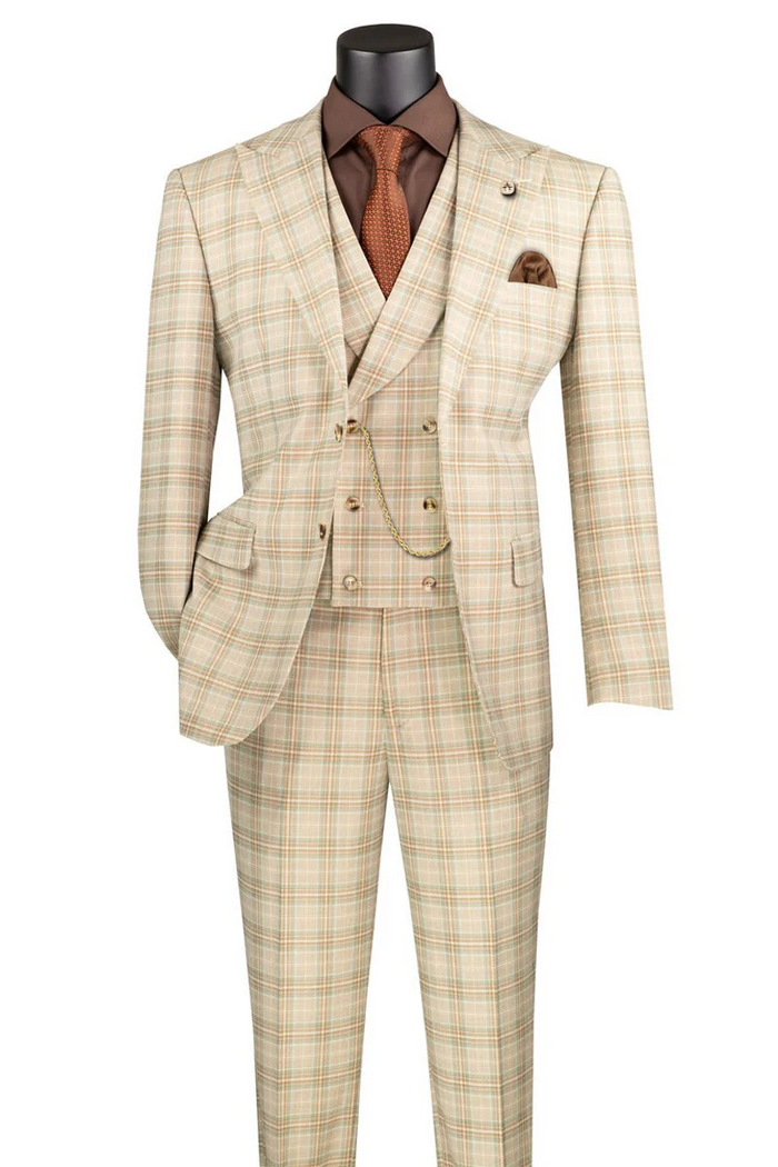 Marc Darcy Wedding Suits Men's Summer Windowpane Plaid Suit with Double Breasted Vest in Khaki Tan USA Men's Outlet