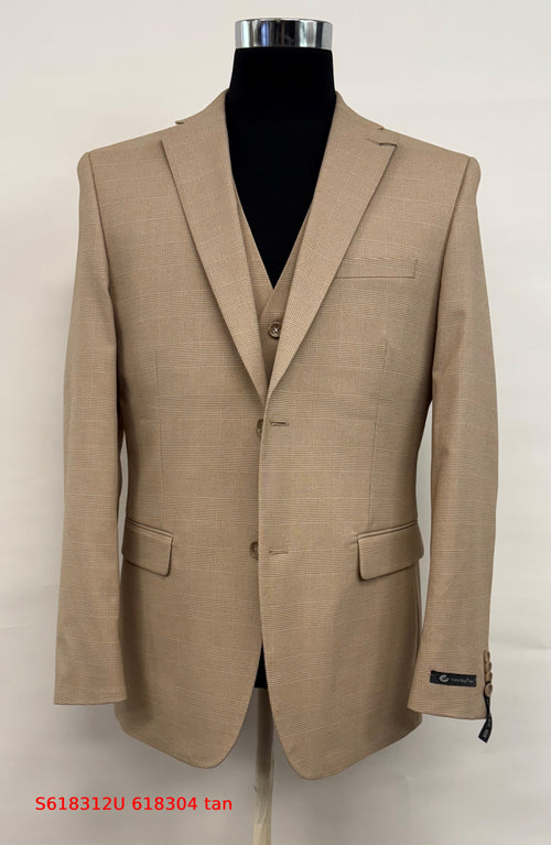 Men’s Tan Plaid 3-Piece Tailored Fit Suit with Vest