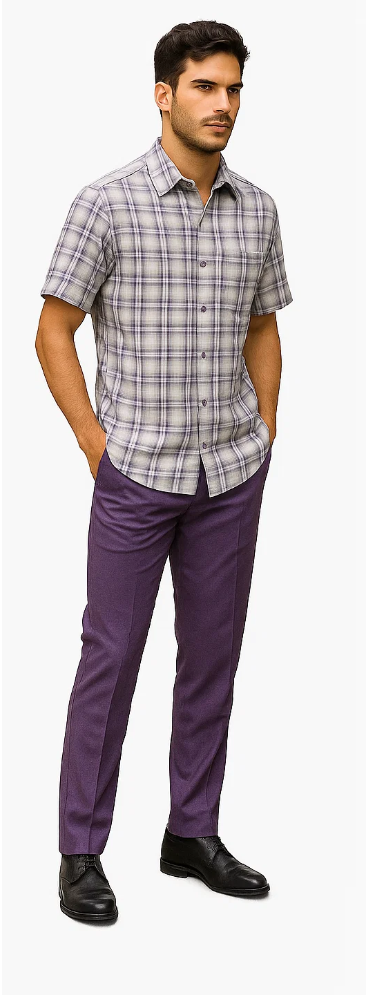 Mens Textured Plaid Walking Suit in Lavender/Off White by Dreams by Zacchi – 2 Piece Leisure Outfit with Matching Shirt and pant -$99