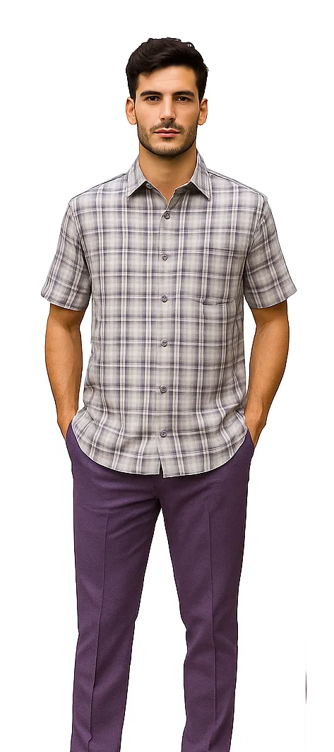 Mens Textured Plaid Walking Suit in Lavender/Off White by Dreams by Zacchi – 2 Piece Leisure Outfit with Matching Shirt and pant -$99