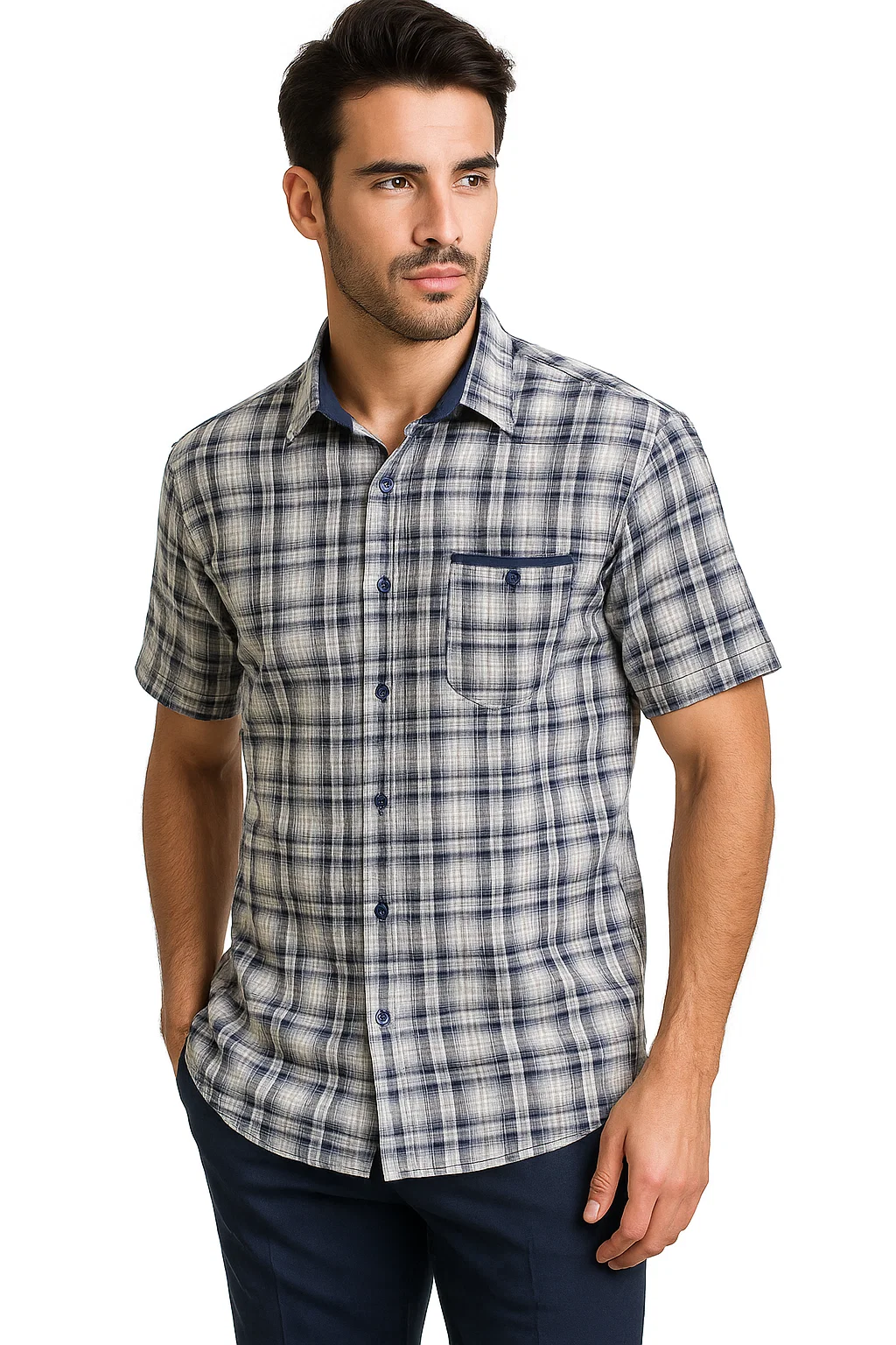 Mens Textured Plaid Walking Suit in Navy/white by Dreams by Zacchi – 2 Piece Leisure Outfit with matching shirt and pant -$99