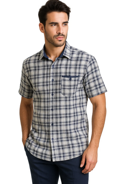 Mens Textured Plaid Walking Suit in Navy/white by Dreams by Zacchi – 2 Piece Leisure Outfit with matching shirt and pant -$99