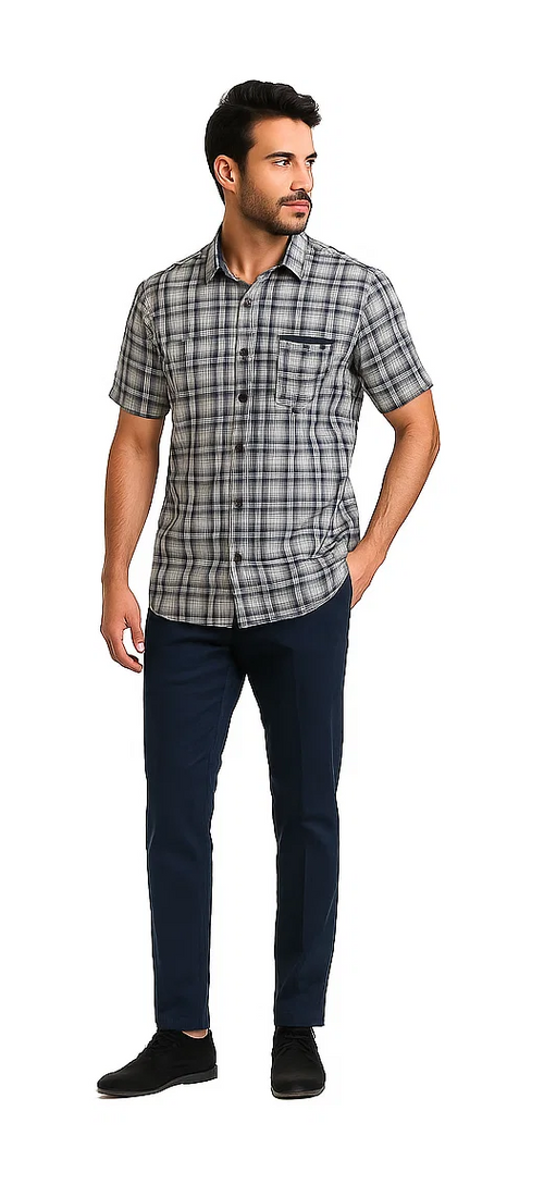 Mens Textured Plaid Walking Suit in Navy/white by Dreams by Zacchi – 2 Piece Leisure Outfit with matching shirt and pant -$99