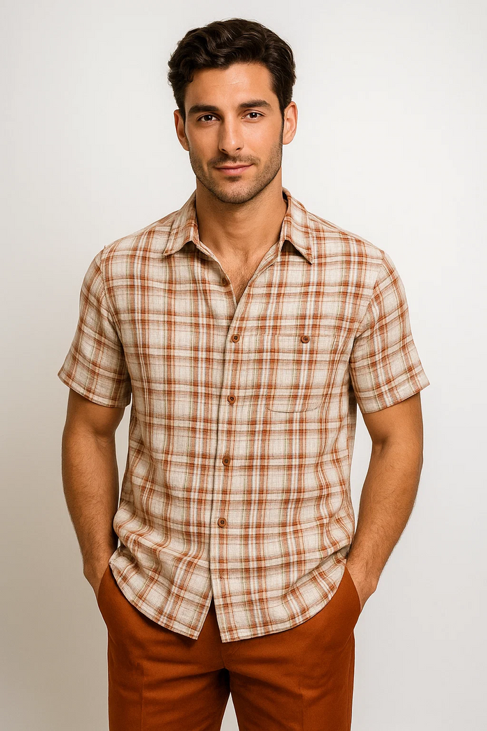 Mens Textured Plaid Walking Suit in Orange/cream by Dreams by Zacchi - 2 Piece Leisure Outfit with Matching Shirt and Pant-$99