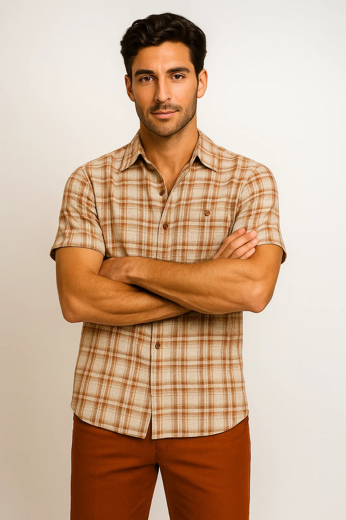 Mens Textured Plaid Walking Suit in Orange/cream by Dreams by Zacchi - 2 Piece Leisure Outfit with Matching Shirt and Pant-$99
