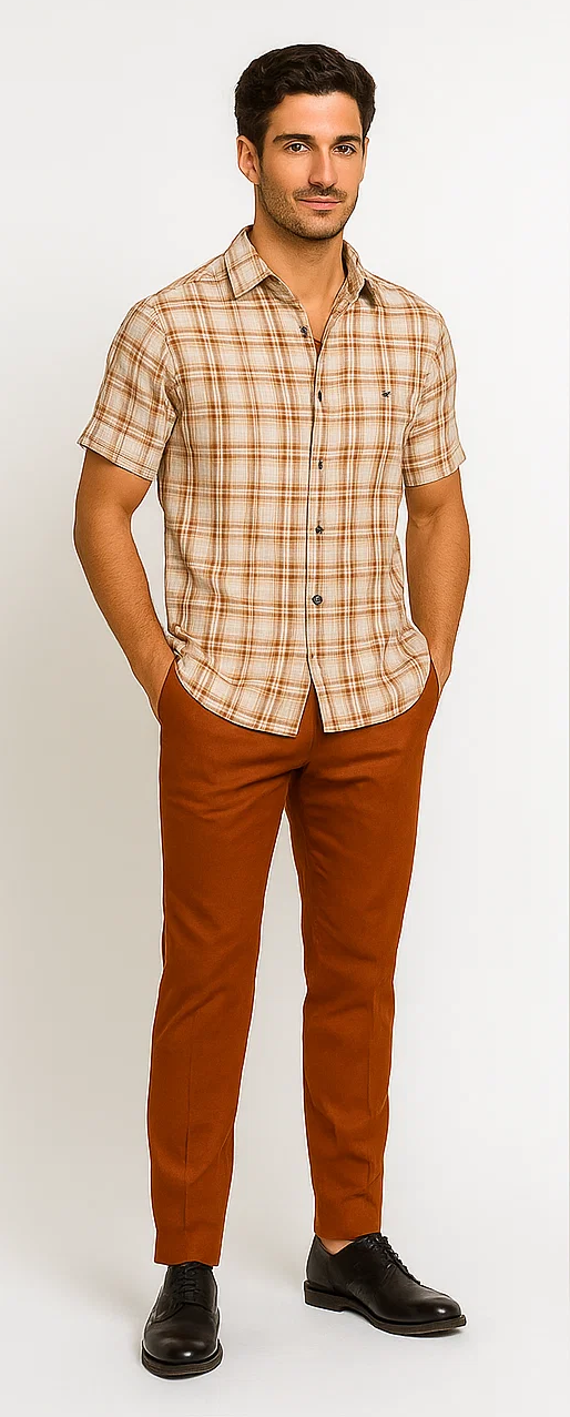 Mens Textured Plaid Walking Suit in Orange/cream by Dreams by Zacchi - 2 Piece Leisure Outfit with Matching Shirt and Pant-$99