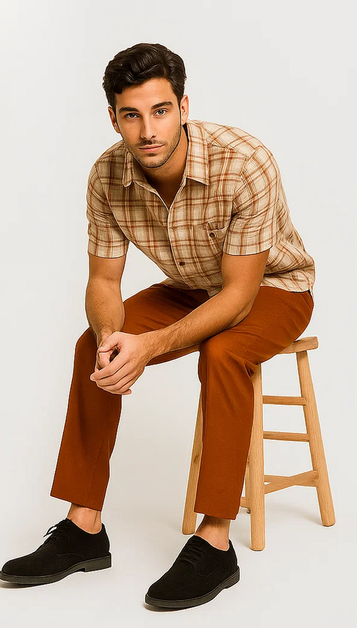 Mens Textured Plaid Walking Suit in Orange/cream by Dreams by Zacchi - 2 Piece Leisure Outfit with Matching Shirt and Pant-$99