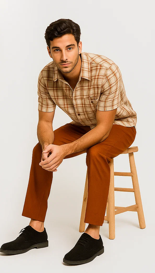 Mens Textured Plaid Walking Suit in Orange/cream by Dreams by Zacchi - 2 Piece Leisure Outfit with Matching Shirt and Pant-$99