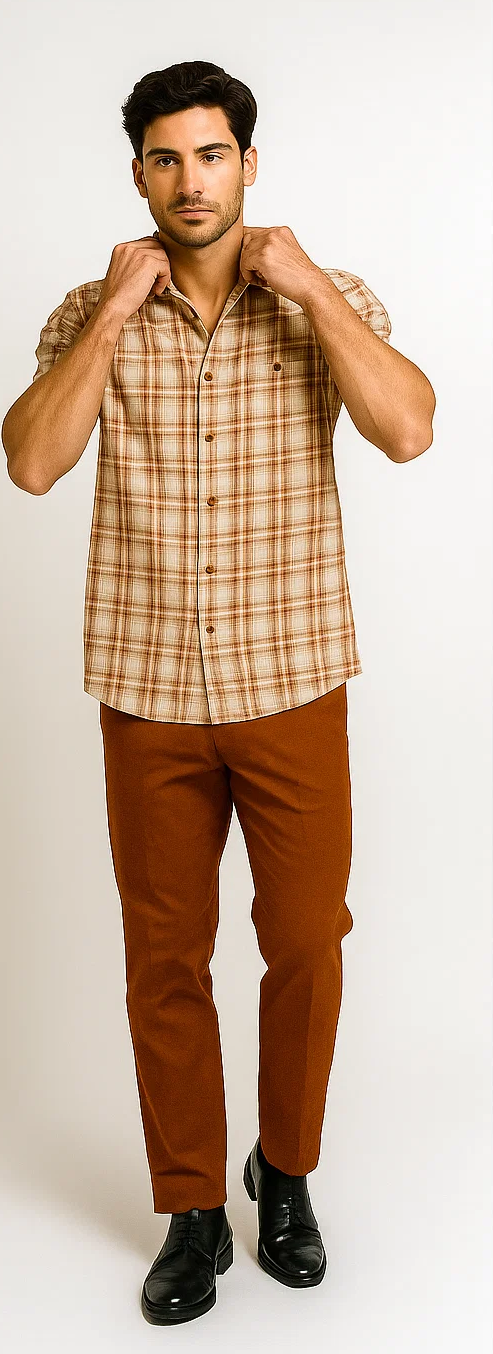 Mens Textured Plaid Walking Suit in Orange/cream by Dreams by Zacchi - 2 Piece Leisure Outfit with Matching Shirt and Pant-$99