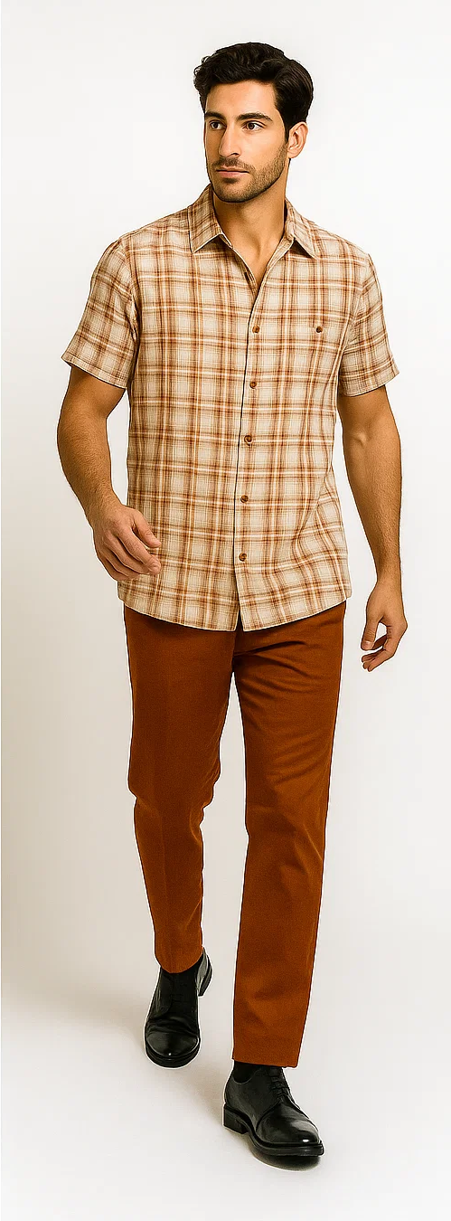 Mens Textured Plaid Walking Suit in papaya/cream by Dreams by Zacchi – 2 Piece Leisure Outfit with matching shirt and pant -$99
