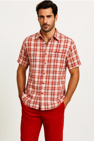 Mens Textured Plaid Walking Suit in red/offwhite by Dreams by Zacchi – 2 Piece Leisure Outfit with matching shirt and pant -$99