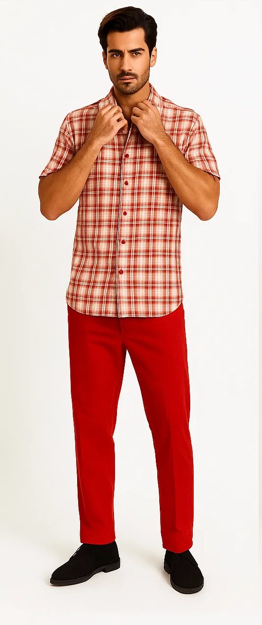 Mens Textured Plaid Walking Suit in red/offwhite by Dreams by Zacchi – 2 Piece Leisure Outfit with matching shirt and pant -$99
