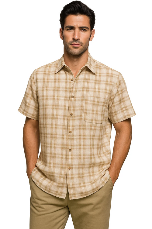Mens Textured Plaid Walking Suit in tan/cream by Dreams by Zacchi – 2 Piece Leisure Outfit with matching shirt and pant -$99