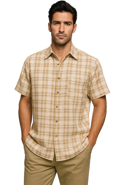 Mens Textured Plaid Walking Suit in tan/cream by Dreams by Zacchi – 2 Piece Leisure Outfit with matching shirt and pant -$99
