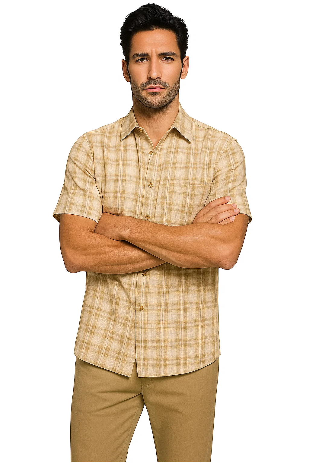 Mens Textured Plaid Walking Suit in tan/cream by Dreams by Zacchi – 2 Piece Leisure Outfit with matching shirt and pant -$99