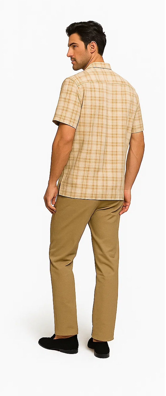 Mens Textured Plaid Walking Suit in tan/cream by Dreams by Zacchi – 2 Piece Leisure Outfit with matching shirt and pant -$99