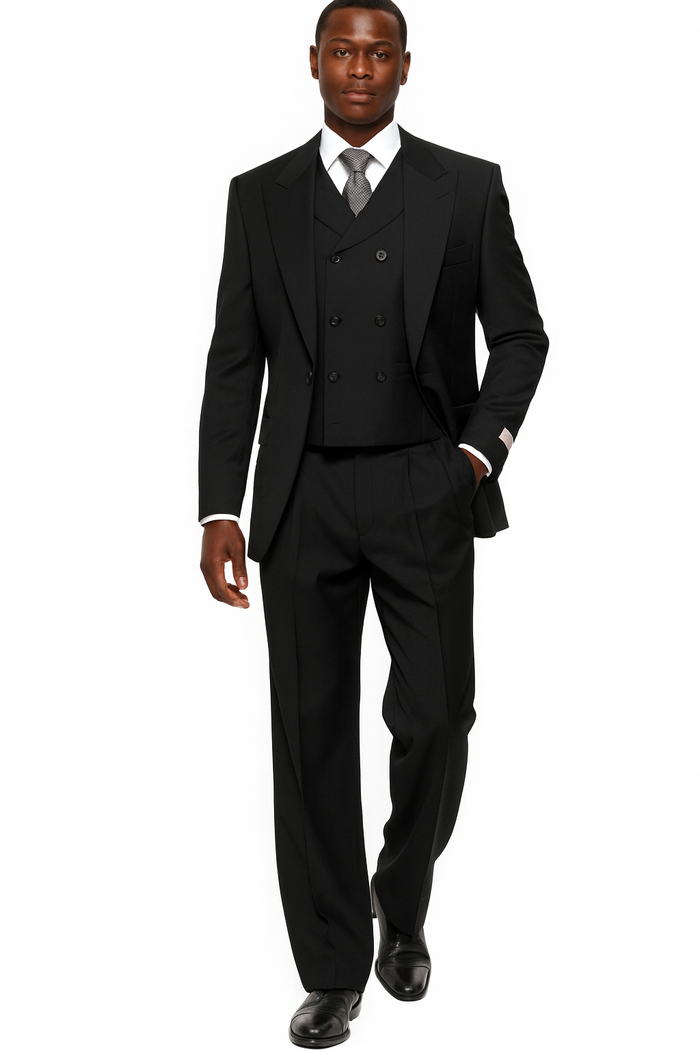 Mens Tiglio Rosso Suit - Wide Leg Baggy Pants - 100% Wool Black Three-Piece Suit with Double-Breasted Vest and Peak Lapel by USA Men's Outlet