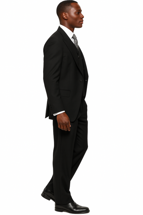 Mens Tiglio Rosso Suit - Wide Leg Baggy Pants - 100% Wool Black Three-Piece Suit with Double-Breasted Vest and Peak Lapel by USA Men's Outlet