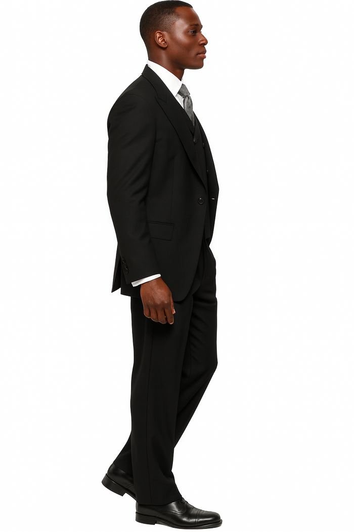 Mens Tiglio Rosso Suit - Wide Leg Baggy Pants - 100% Wool Black Three-Piece Suit with Double-Breasted Vest and Peak Lapel by USA Men's Outlet