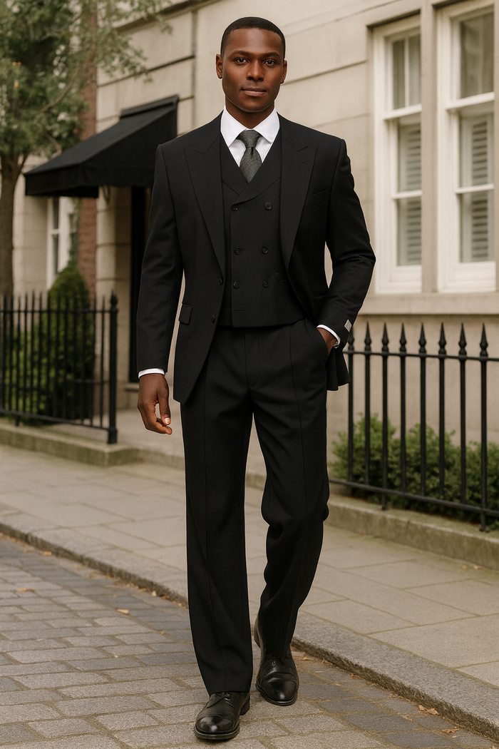 Mens Tiglio Rosso Suit - Wide Leg Baggy Pants - 100% Wool Black Three-Piece Suit with Double-Breasted Vest and Peak Lapel by USA Men's Outlet