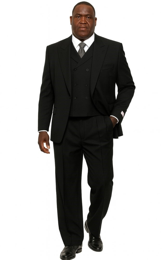 Mens Tiglio Rosso Suit - Wide Leg Baggy Pants - 100% Wool Black Three-Piece Suit with Double-Breasted Vest and Peak Lapel by USA Men's Outlet