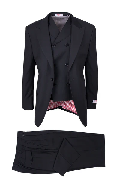 Mens Tiglio Rosso Suit - Wide Leg Baggy Pants - 100% Wool Black Three-Piece Suit with Double-Breasted Vest and Peak Lapel by USA Men's Outlet