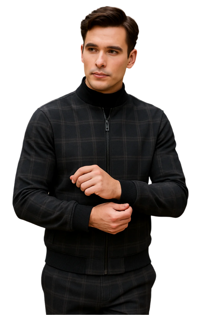 Men's Tazio Track Suit Set: Stylish Black Plaid Jacket & Pant