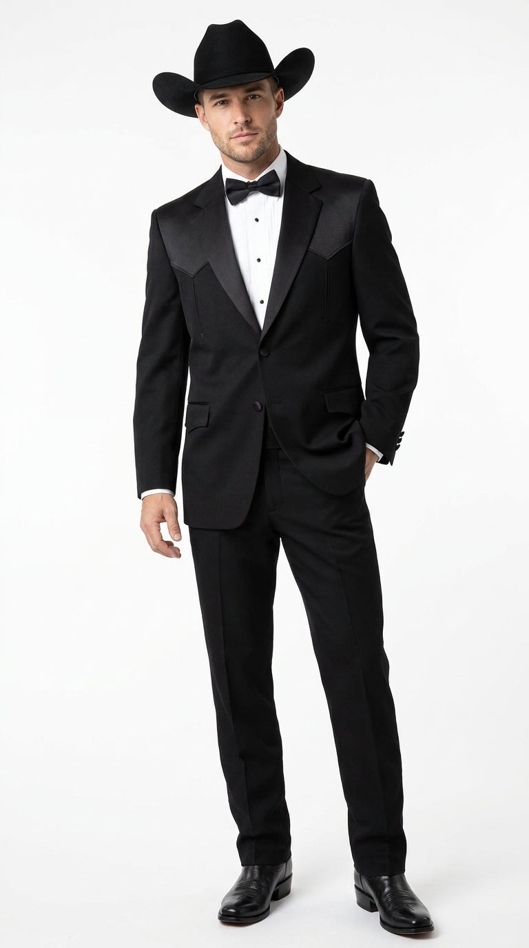Mens Traditional Black Western Tuxedo Suit – 2 Piece Cowboy Formal Suit with Western Yoke Sport Coat & Matching Black Pants