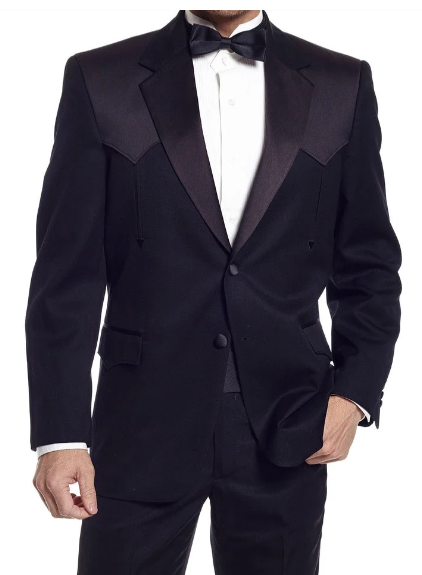 Mens Traditional Black Western Tuxedo Suit – 2 Piece Cowboy Formal Suit with Western Yoke Sport Coat & Matching Black Pants