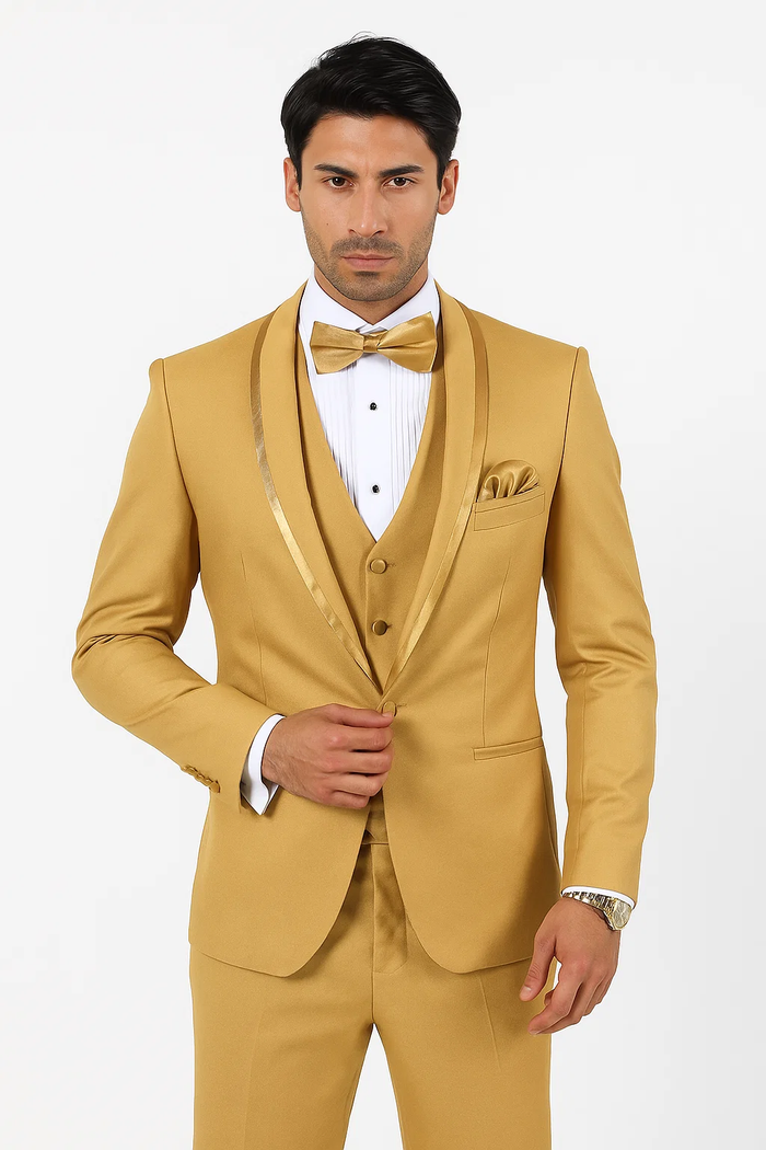 Mens Formal Champagne Tuxedo - Satin Shawl Collar Vested Suit for Prom and Weddings in Gold Color by USA Men's Outlet