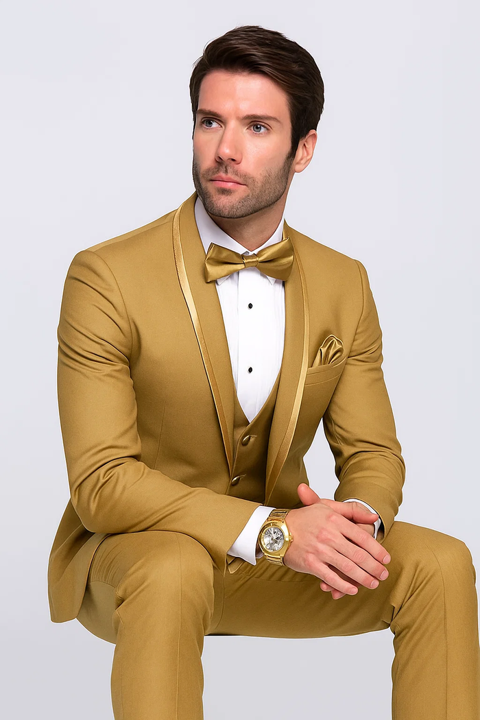Mens Formal Champagne Tuxedo - Satin Shawl Collar Vested Suit for Prom and Weddings in Gold Color by USA Men's Outlet