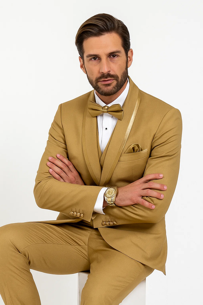 Mens Formal Champagne Tuxedo - Satin Shawl Collar Vested Suit for Prom and Weddings in Gold Color by USA Men's Outlet