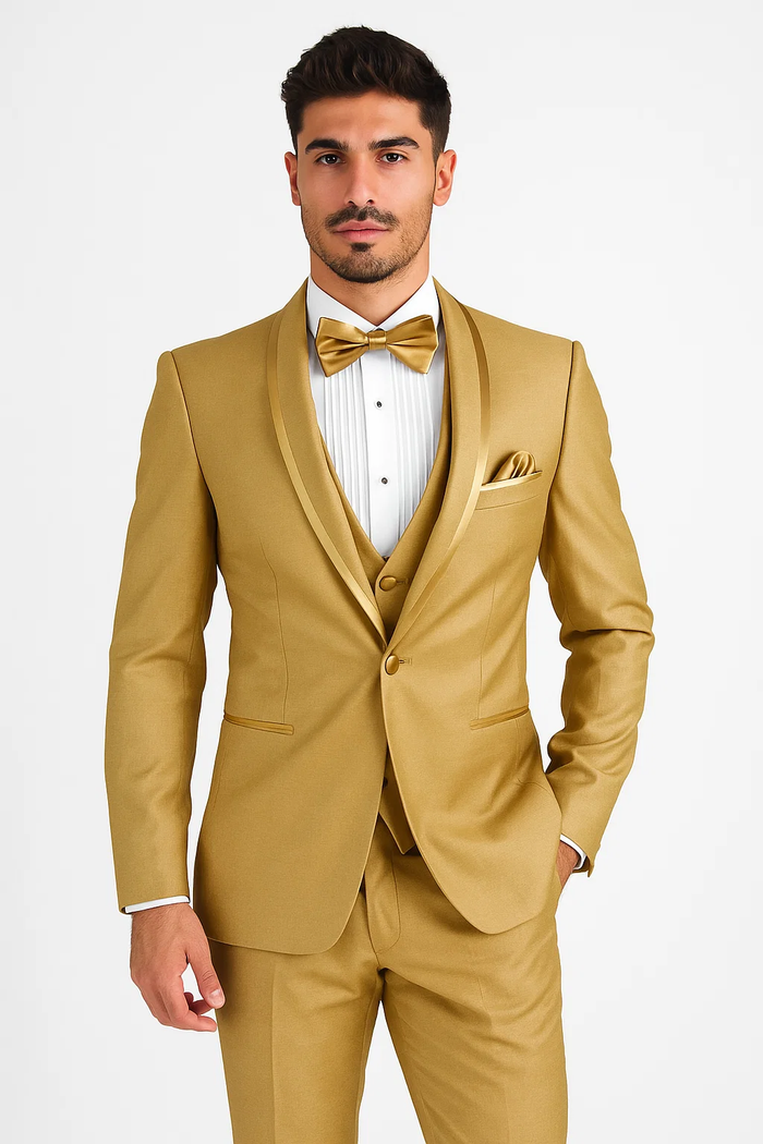 Mens Formal Champagne Tuxedo - Satin Shawl Collar Vested Suit for Prom and Weddings in Gold Color by USA Men's Outlet