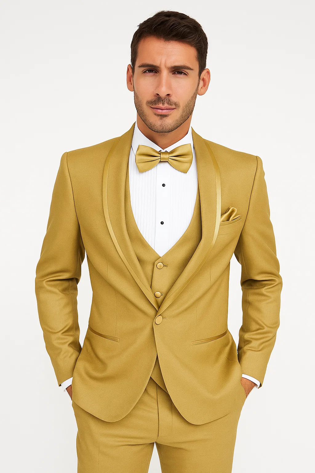 Mens Formal Champagne Tuxedo – Satin Shawl Collar Vested Suit for Prom and Weddings in Gold Color