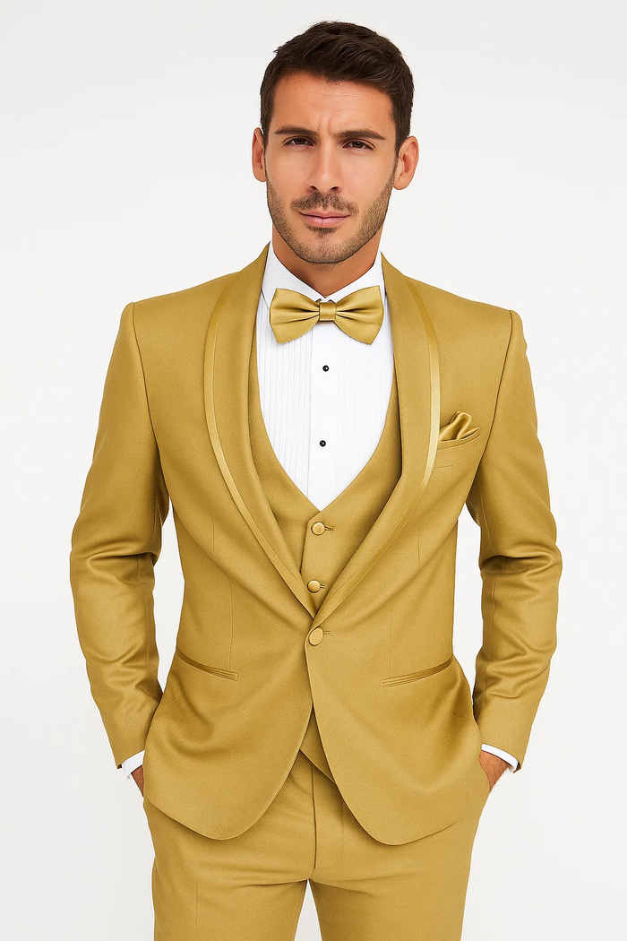 Mens Formal Champagne Tuxedo - Satin Shawl Collar Vested Suit for Prom and Weddings in Gold Color by USA Men's Outlet