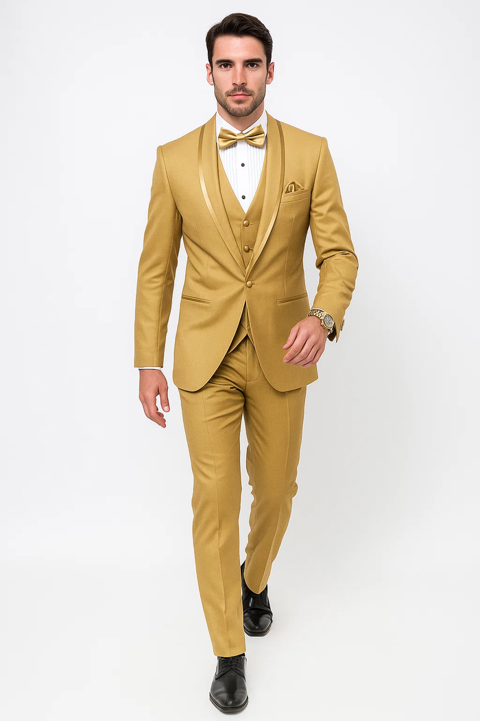 Mens Formal Champagne Tuxedo - Satin Shawl Collar Vested Suit for Prom and Weddings in Gold Color by USA Men's Outlet
