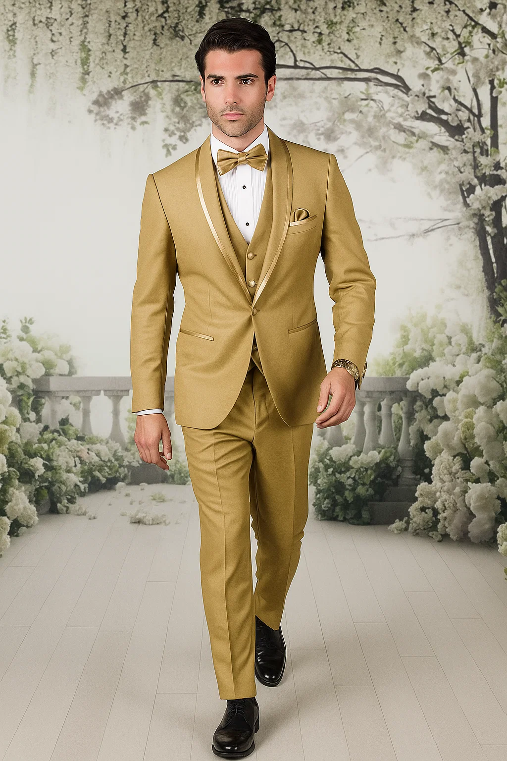Mens Formal Champagne Tuxedo – Satin Shawl Collar Vested Suit for Prom and Weddings in Gold Color