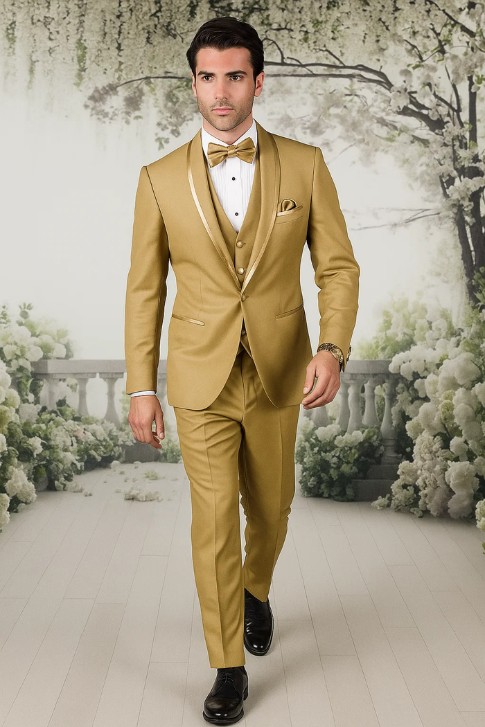 Mens Formal Champagne Tuxedo - Satin Shawl Collar Vested Suit for Prom and Weddings in Gold Color by USA Men's Outlet
