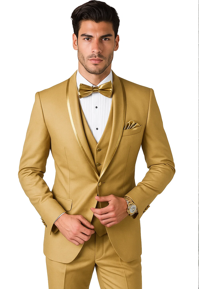 Mens Formal Champagne Tuxedo - Satin Shawl Collar Vested Suit for Prom and Weddings in Gold Color by USA Men's Outlet