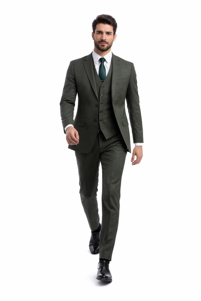 Men's Olive Green Sharkskin Suit with Vest by Tazio