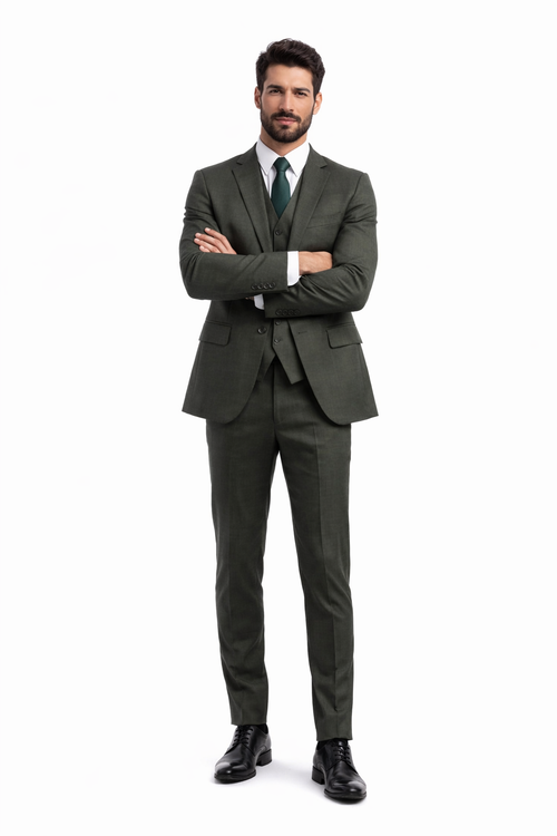 Men's Olive Green Sharkskin Suit with Vest by Tazio